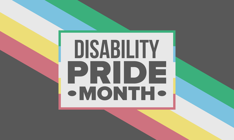 Disability Pride Month. Graphic Banner with Official Disability Month Flag Colors. Layout for Inclusion and Accessibility Campaign. July Awareness. Vector illustration
